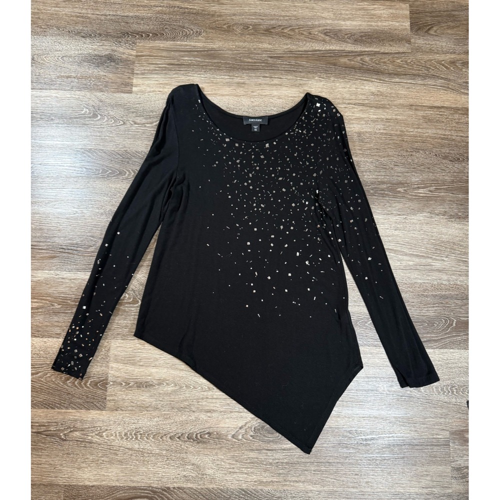 Karen Kane Blouse Women's XS Black w/Gold Flecks Shimmer Bling Asymmetrical Soft